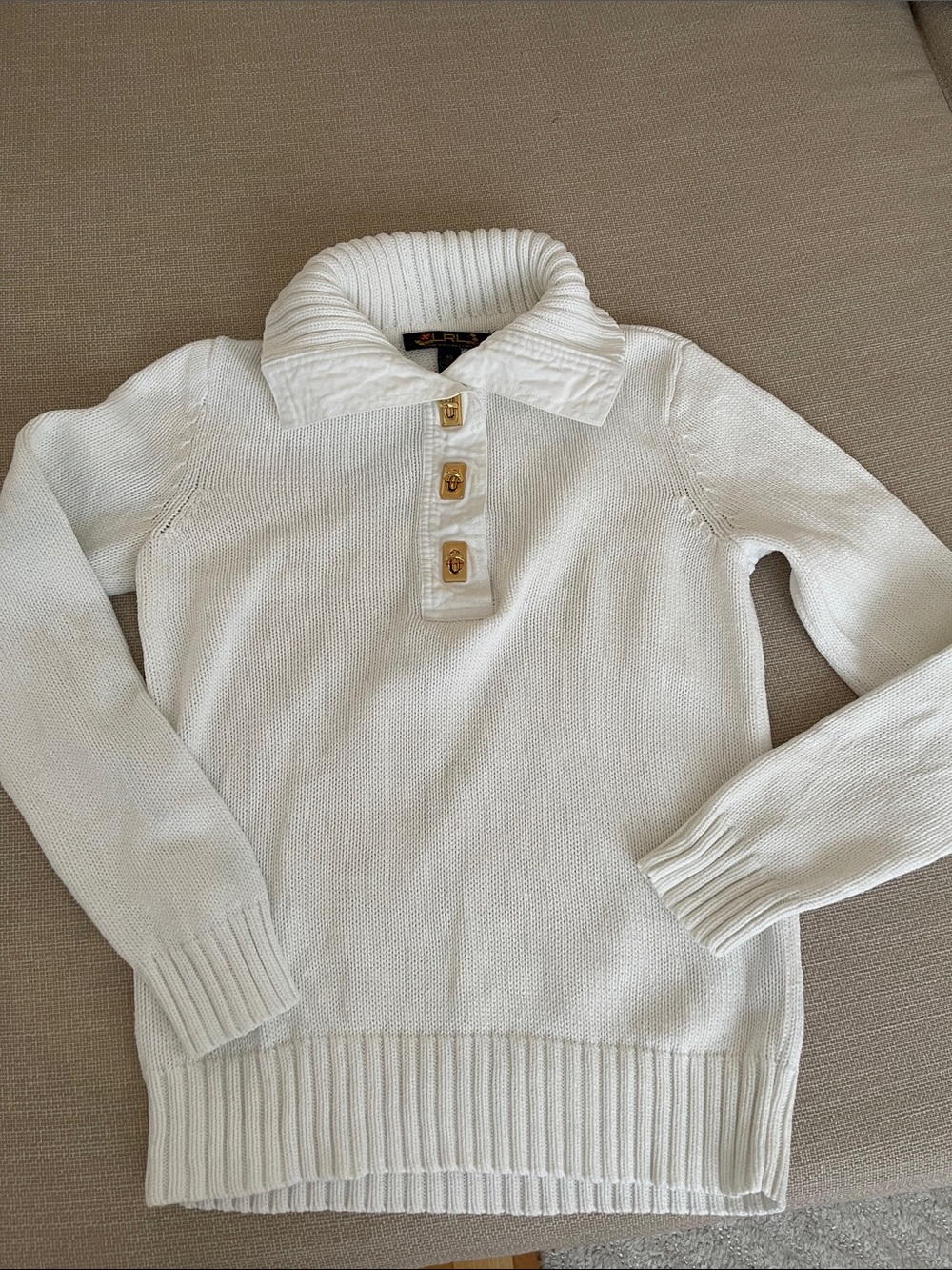 Ralph Lauren Cream Ribbed Button-Collar Knit Turtleneck Sweater